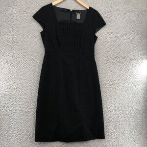 Ann Taylor Dress Womens 4 Petite Black Sheath Knee Pleat Cap Sleeve Square Neck